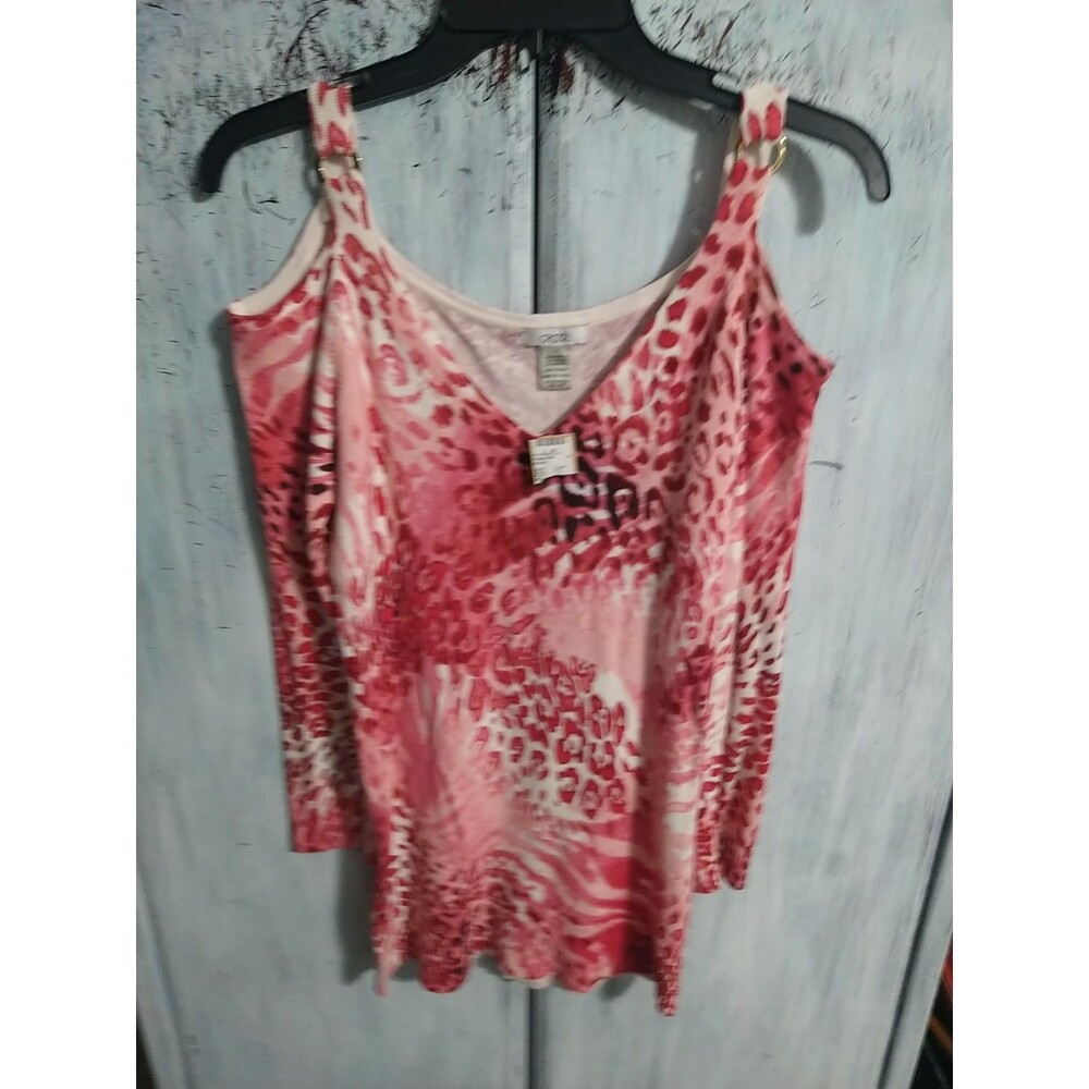 Cache Pink Red Animal Print Cold-Shoulder Blouse